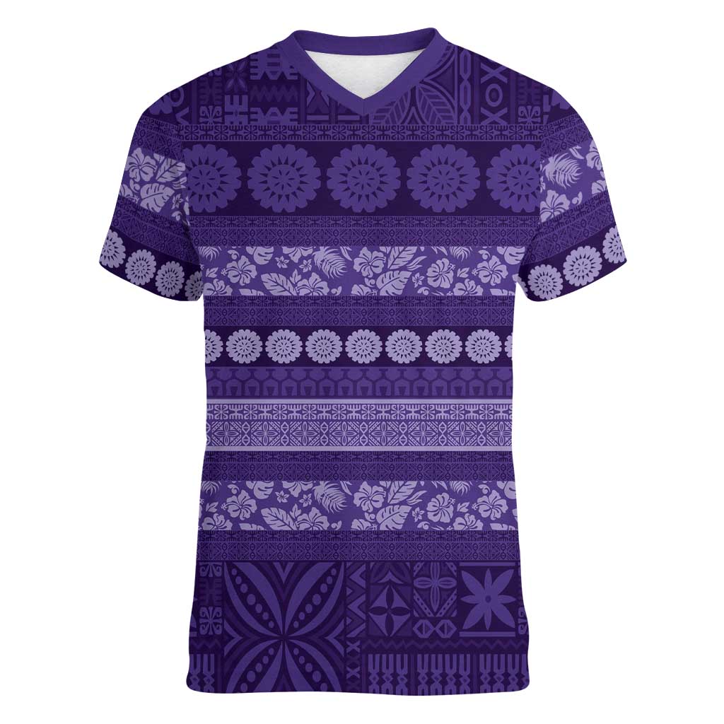 Fiji Marau na Kerisimasi Women V-Neck T-Shirt Purple Tapa Masi Inspired Christmas LT9 Female Purple - Polynesian Pride