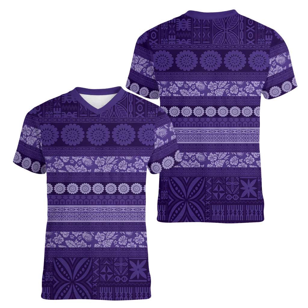 Fiji Marau na Kerisimasi Women V-Neck T-Shirt Purple Tapa Masi Inspired Christmas - Polynesian Pride
