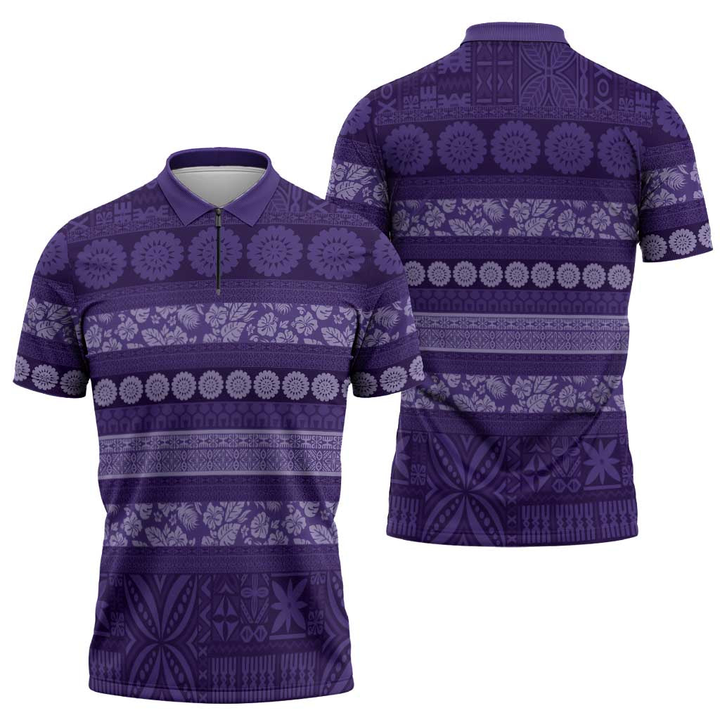 Fiji Marau na Kerisimasi Zipper Polo Shirt Purple Tapa Masi Inspired Christmas - Polynesian Pride