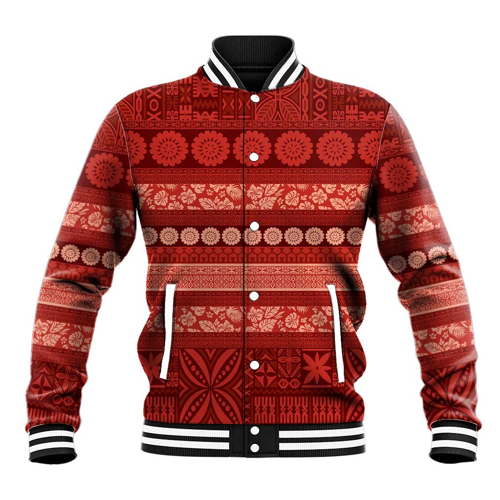 Fiji Marau na Kerisimasi Baseball Jacket Red Tapa Masi Inspired Christmas LT9 Unisex Red - Polynesian Pride