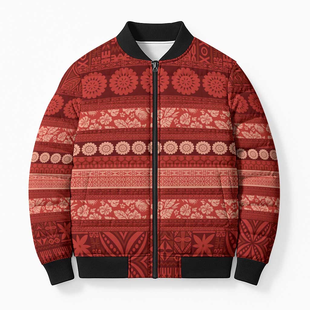 Fiji Marau na Kerisimasi Bomber Puffer Jacket Red Tapa Masi Inspired Christmas LT9 Unisex Red - Polynesian Pride