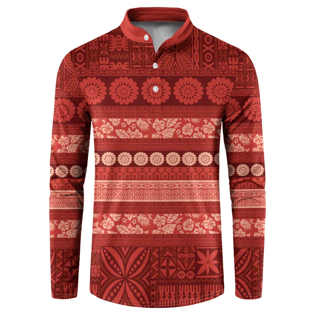 Fiji Marau na Kerisimasi Button Sweatshirt Red Tapa Masi Inspired Christmas LT9 Red - Polynesian Pride