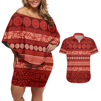 Fiji Marau na Kerisimasi Couples Matching Off Shoulder Short Dress and Hawaiian Shirt Red Tapa Masi Inspired Christmas - Polynesian Pride