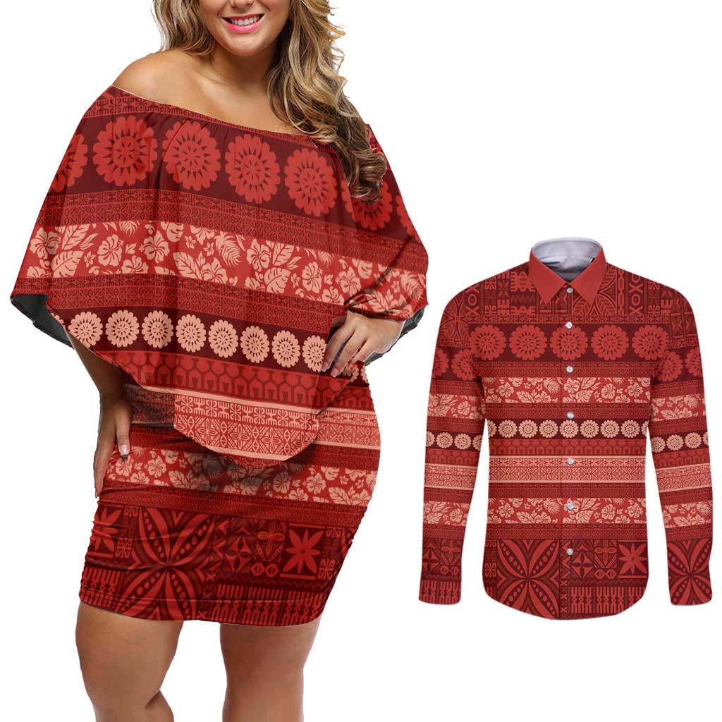 Fiji Marau na Kerisimasi Couples Matching Off Shoulder Short Dress and Long Sleeve Button Shirt Red Tapa Masi Inspired Christmas - Polynesian Pride