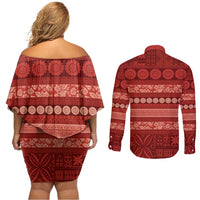 Fiji Marau na Kerisimasi Couples Matching Off Shoulder Short Dress and Long Sleeve Button Shirt Red Tapa Masi Inspired Christmas - Polynesian Pride