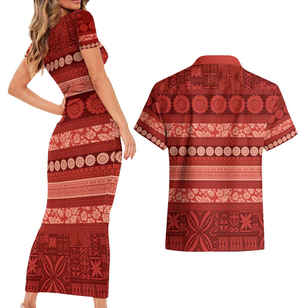 Fiji Marau na Kerisimasi Couples Matching Short Sleeve Bodycon Dress and Hawaiian Shirt Red Tapa Masi Inspired Christmas - Polynesian Pride