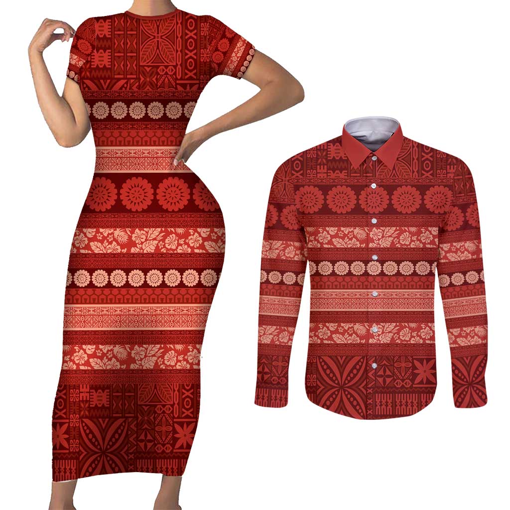 Fiji Marau na Kerisimasi Couples Matching Short Sleeve Bodycon Dress and Long Sleeve Button Shirt Red Tapa Masi Inspired Christmas - Polynesian Pride