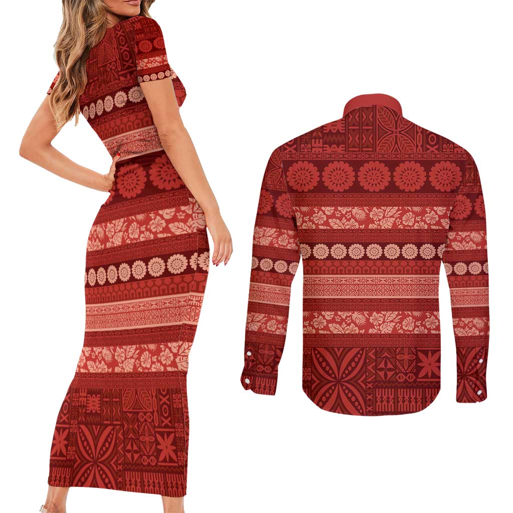 Fiji Marau na Kerisimasi Couples Matching Short Sleeve Bodycon Dress and Long Sleeve Button Shirt Red Tapa Masi Inspired Christmas - Polynesian Pride