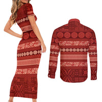 Fiji Marau na Kerisimasi Couples Matching Short Sleeve Bodycon Dress and Long Sleeve Button Shirt Red Tapa Masi Inspired Christmas - Polynesian Pride