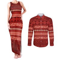 Fiji Marau na Kerisimasi Couples Matching Tank Maxi Dress and Long Sleeve Button Shirt Red Tapa Masi Inspired Christmas - Polynesian Pride