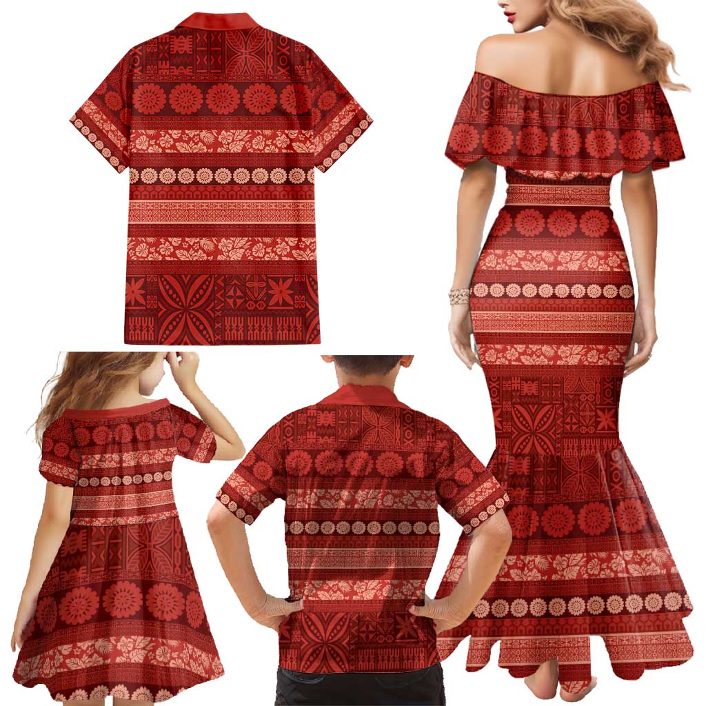 Fiji Marau na Kerisimasi Family Matching Mermaid Dress and Hawaiian Shirt Red Tapa Masi Inspired Christmas - Polynesian Pride