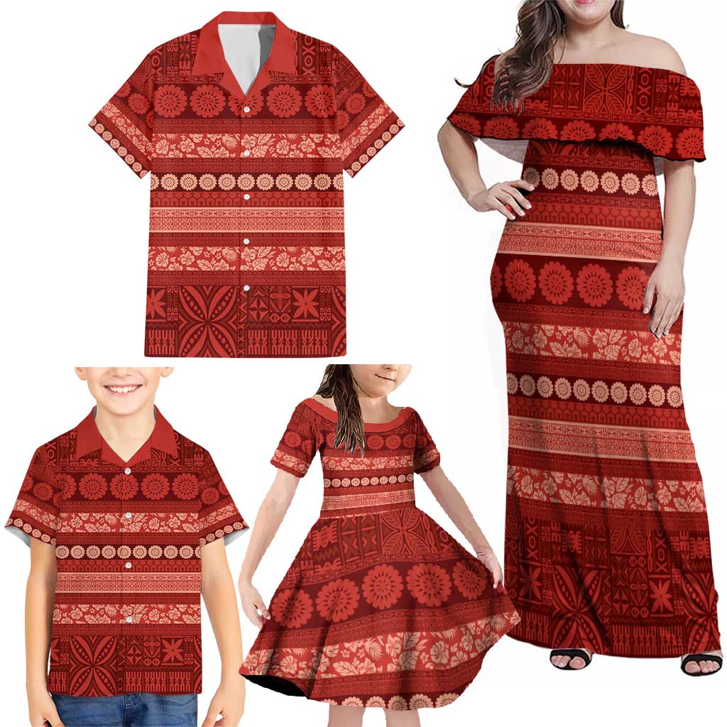 Fiji Marau na Kerisimasi Family Matching Off Shoulder Maxi Dress and Hawaiian Shirt Red Tapa Masi Inspired Christmas - Polynesian Pride