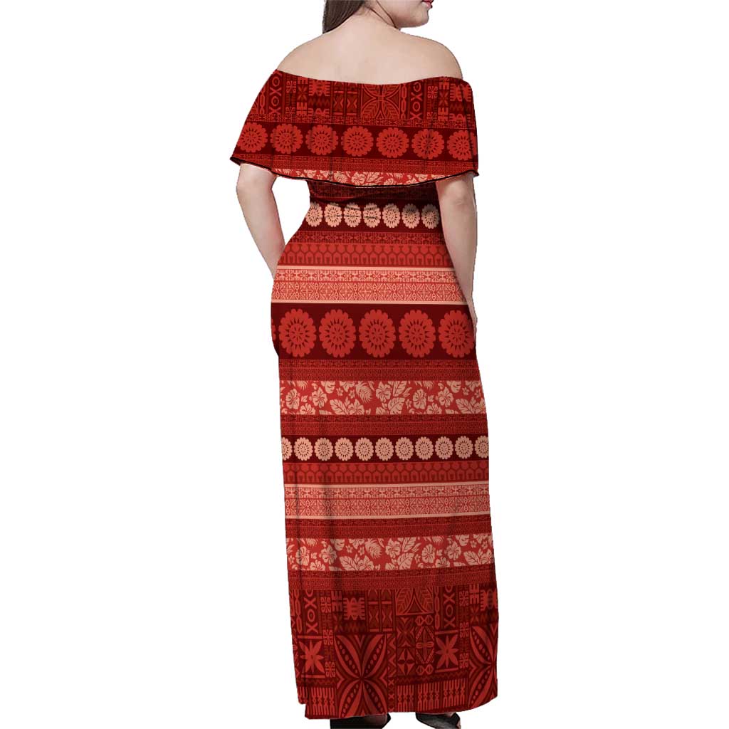 Fiji Marau na Kerisimasi Family Matching Off Shoulder Maxi Dress and Hawaiian Shirt Red Tapa Masi Inspired Christmas - Polynesian Pride