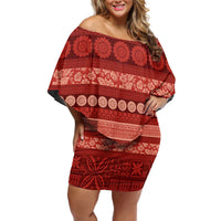 Fiji Marau na Kerisimasi Family Matching Off Shoulder Short Dress and Hawaiian Shirt Red Tapa Masi Inspired Christmas - Polynesian Pride