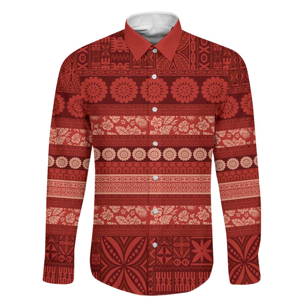 Fiji Marau na Kerisimasi Family Matching Puletasi and Hawaiian Shirt Red Tapa Masi Inspired Christmas LT9 Dad's Shirt - Long Sleeve Red - Polynesian Pride
