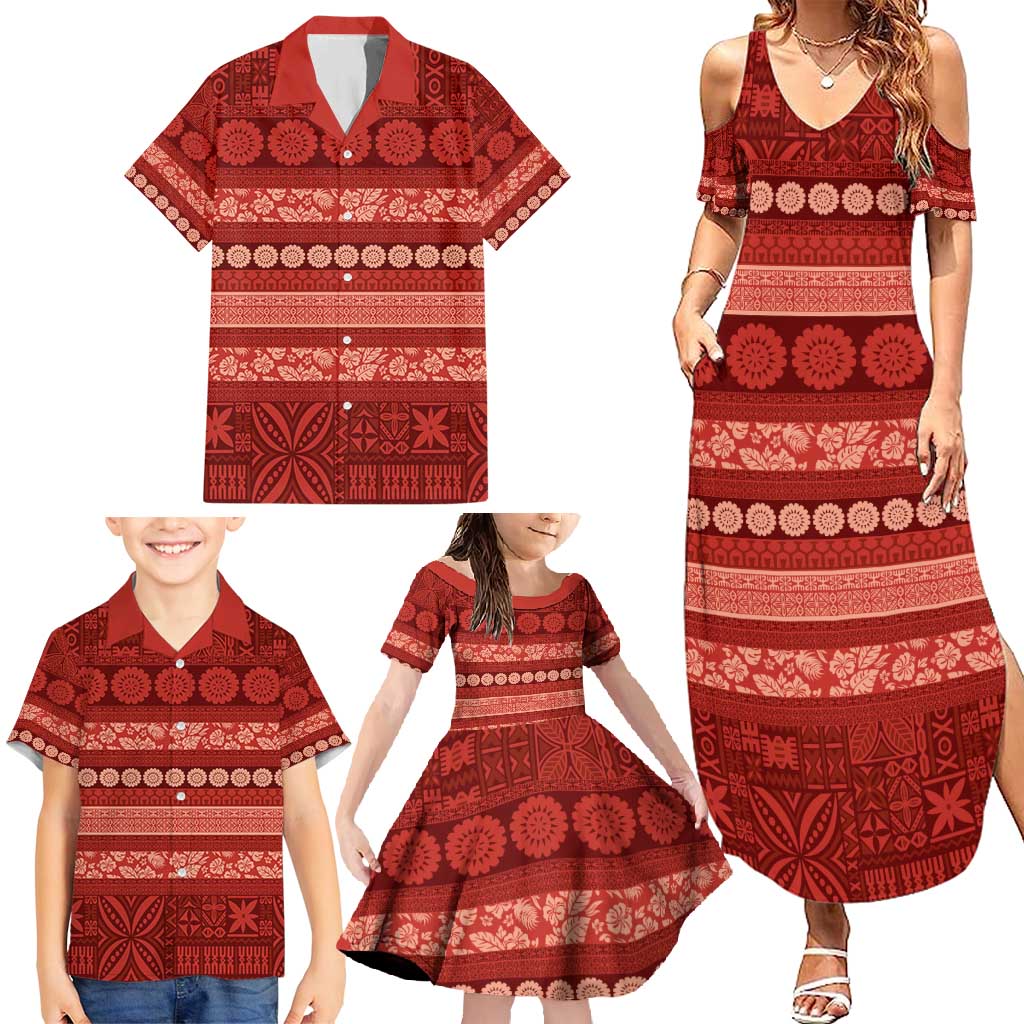 Fiji Marau na Kerisimasi Family Matching Summer Maxi Dress and Hawaiian Shirt Red Tapa Masi Inspired Christmas - Polynesian Pride