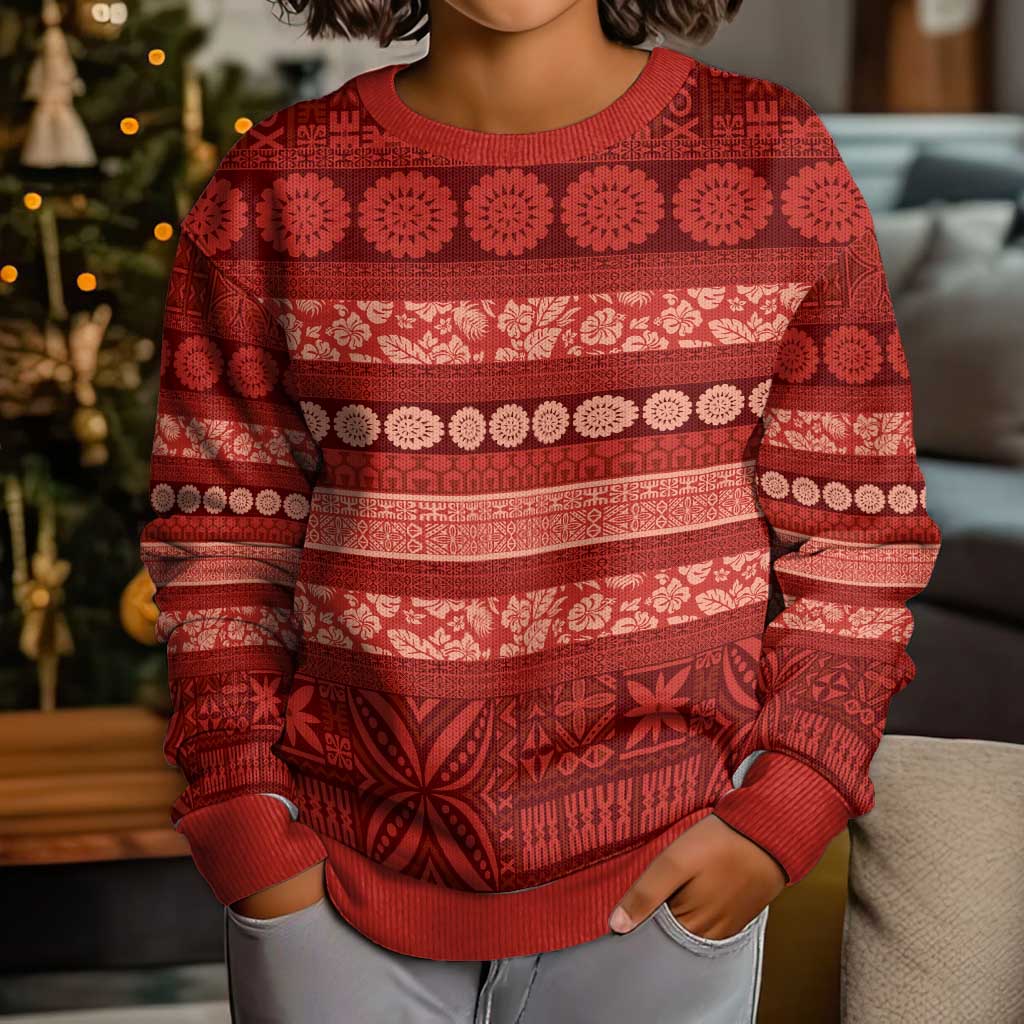 Fiji Marau na Kerisimasi Kid Ugly Christmas Sweater Red Tapa Masi Inspired Christmas LT9 - Polynesian Pride