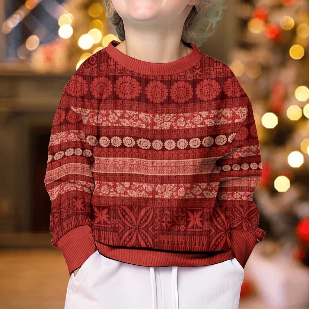 Fiji Marau na Kerisimasi Kid Ugly Christmas Sweater Red Tapa Masi Inspired Christmas LT9 - Polynesian Pride