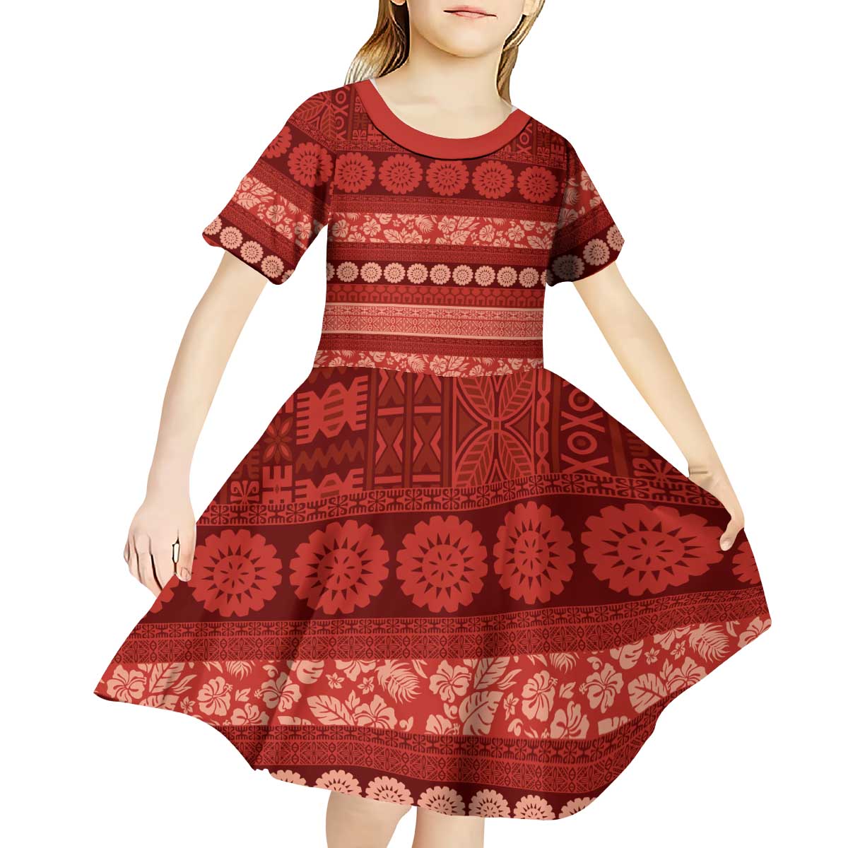 Fiji Marau na Kerisimasi Kid Short Sleeve Dress Red Tapa Masi Inspired Christmas LT9 - Polynesian Pride