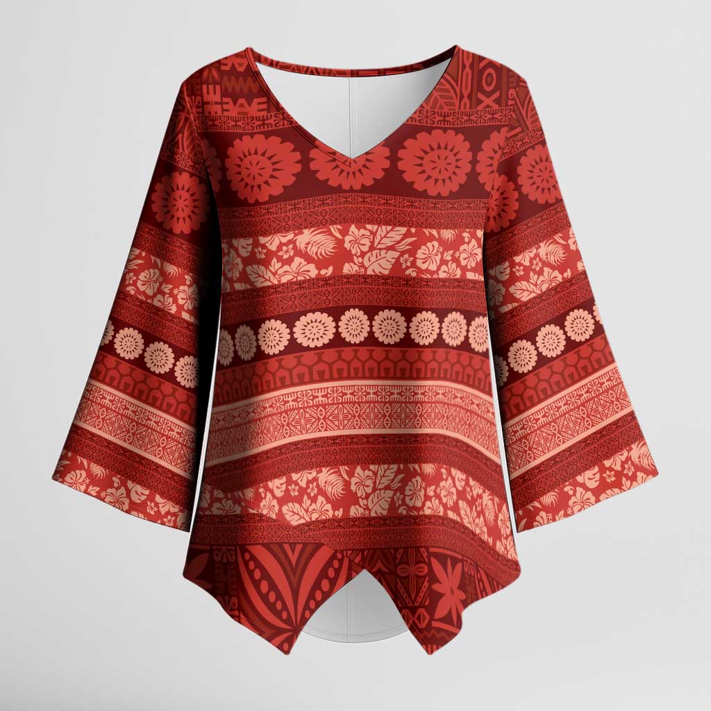 Fiji Marau na Kerisimasi Kimono Sleeve Blouse Red Tapa Masi Inspired Christmas LT9 Female Red - Polynesian Pride