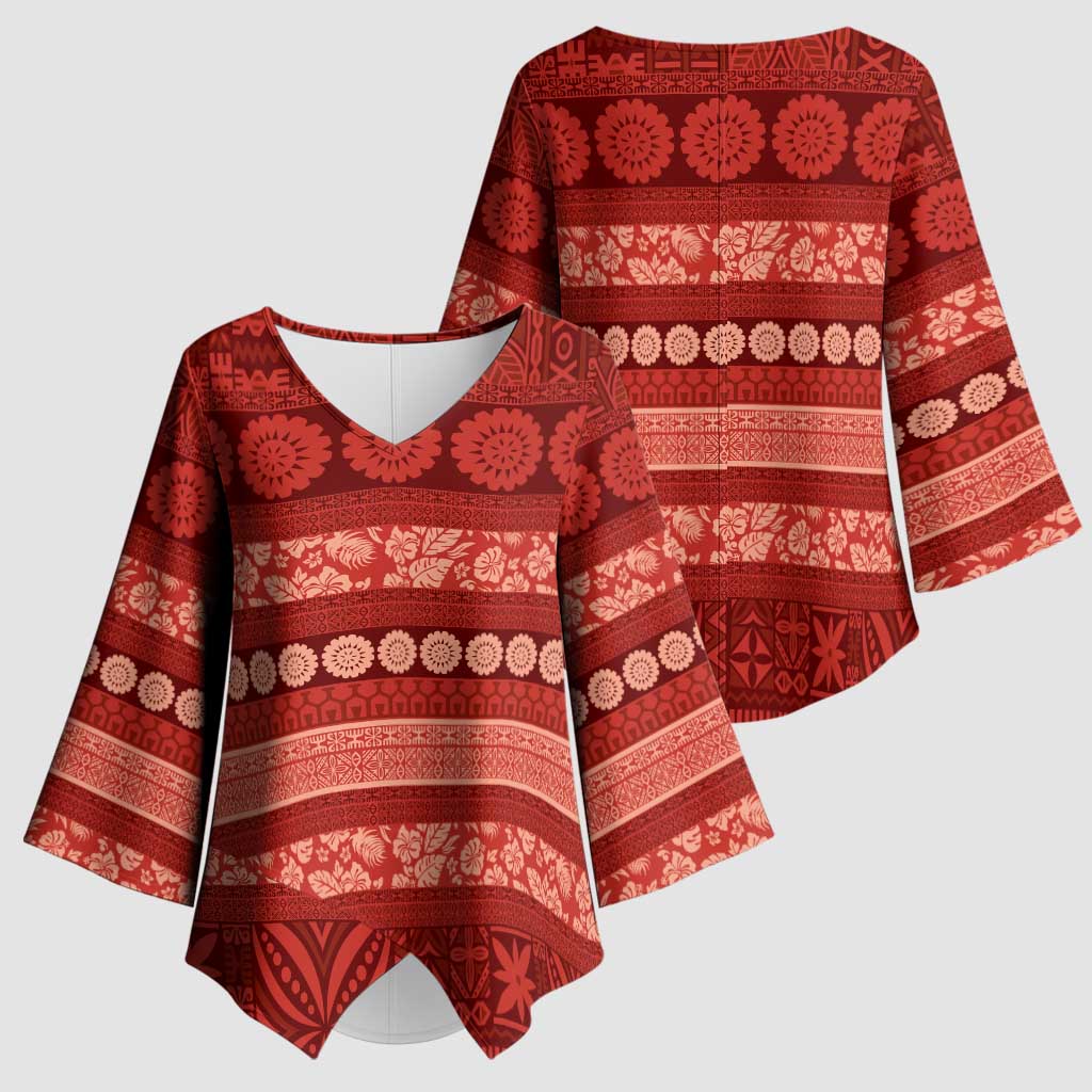 Fiji Marau na Kerisimasi Kimono Sleeve Blouse Red Tapa Masi Inspired Christmas LT9 - Polynesian Pride