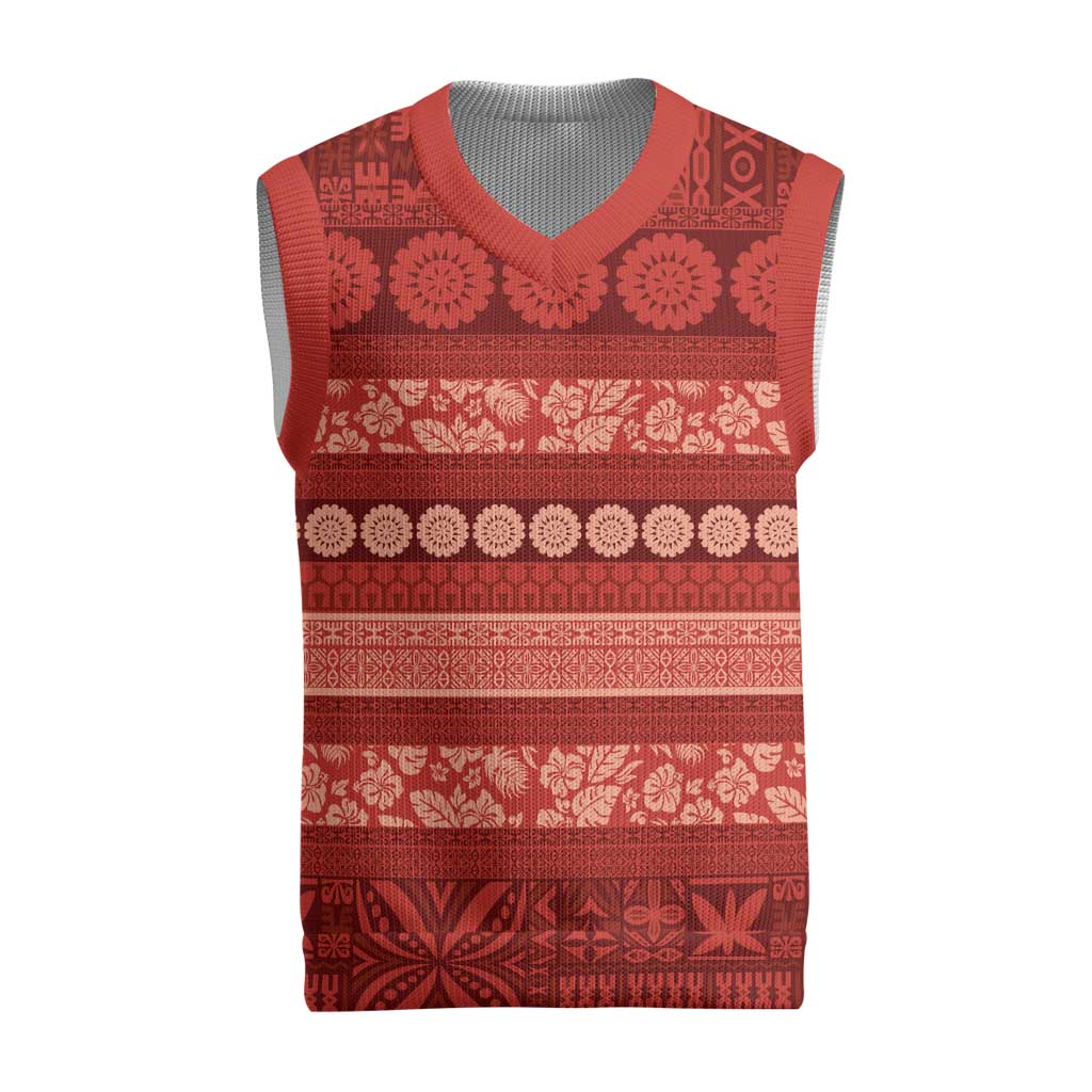 Fiji Marau na Kerisimasi Christmas Knitted V-Neck Vest Red Tapa Masi Inspired Christmas LT9 Red - Polynesian Pride