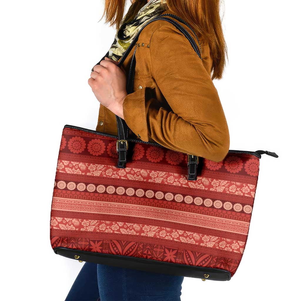 Fiji Marau na Kerisimasi Leather Tote Bag Red Tapa Masi Inspired Christmas LT9 Red - Polynesian Pride