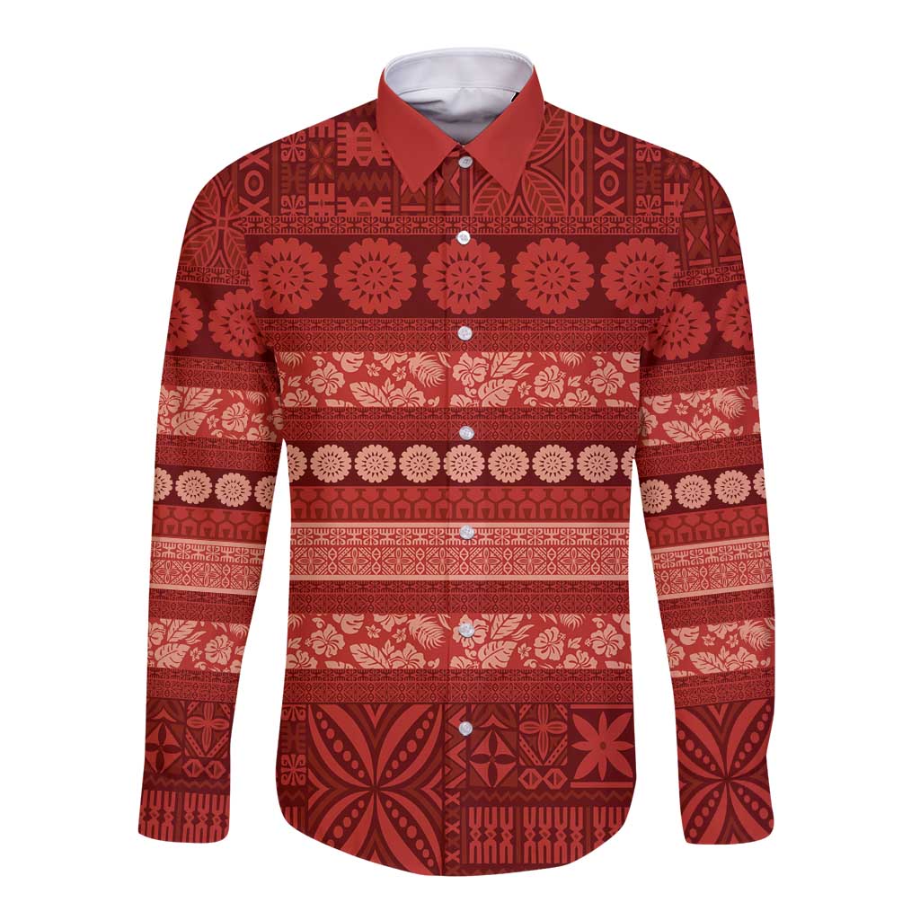 Fiji Marau na Kerisimasi Long Sleeve Button Shirt Red Tapa Masi Inspired Christmas LT9 Unisex Red - Polynesian Pride