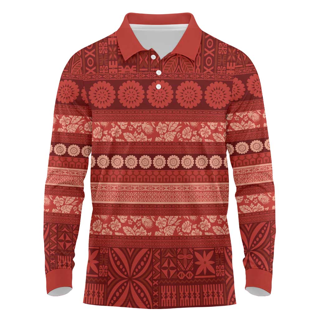 Fiji Marau na Kerisimasi Long Sleeve Polo Shirt Red Tapa Masi Inspired Christmas LT9 Red - Polynesian Pride