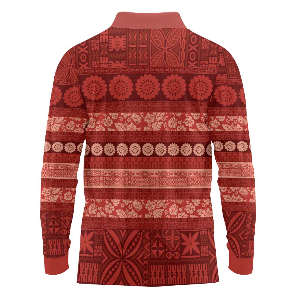 Fiji Marau na Kerisimasi Long Sleeve Polo Shirt Red Tapa Masi Inspired Christmas LT9 - Polynesian Pride