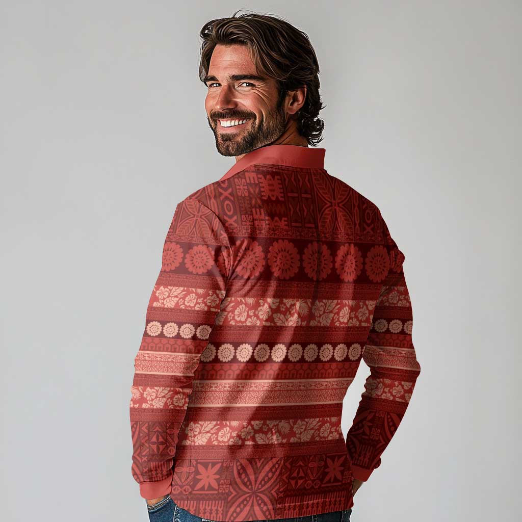 Fiji Marau na Kerisimasi Long Sleeve Polo Shirt Red Tapa Masi Inspired Christmas LT9 - Polynesian Pride