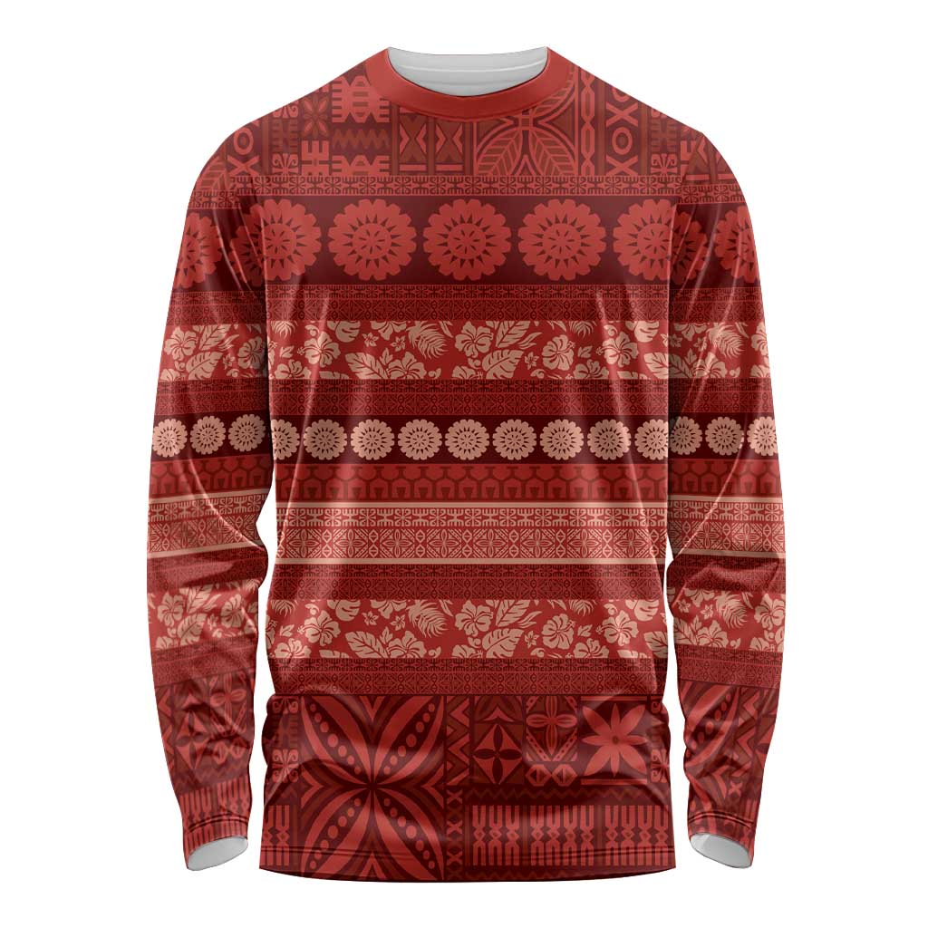 Fiji Marau na Kerisimasi Long Sleeve Shirt Red Tapa Masi Inspired Christmas LT9 Unisex Red - Polynesian Pride