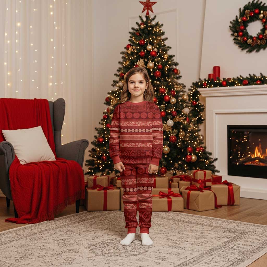 Fiji Marau na Kerisimasi Christmas Pajama Set Red Tapa Masi Inspired Christmas LT9 Kid Red - Polynesian Pride
