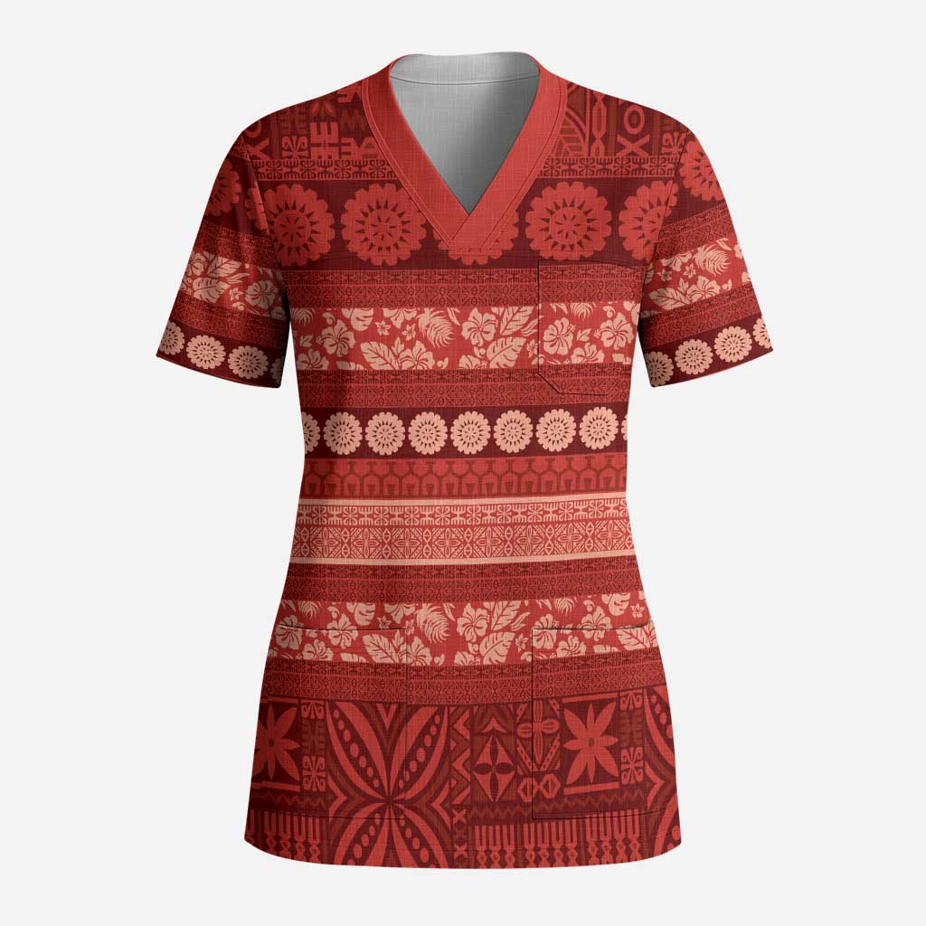 Fiji Marau na Kerisimasi Scrub Top Red Tapa Masi Inspired Christmas LT9 Adult Red - Polynesian Pride