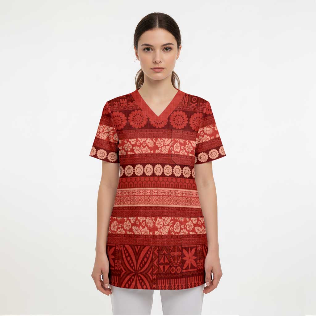 Fiji Marau na Kerisimasi Scrub Top Red Tapa Masi Inspired Christmas LT9 - Polynesian Pride