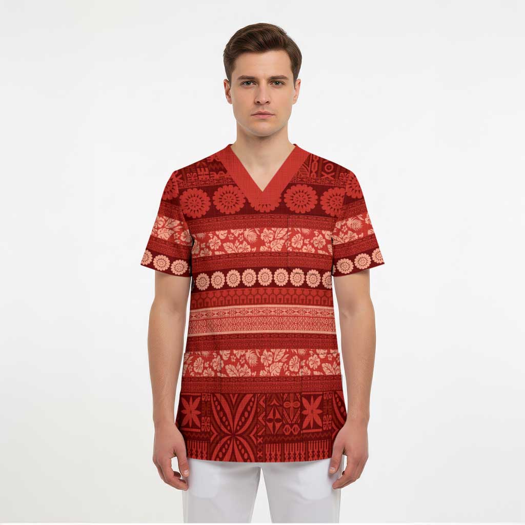 Fiji Marau na Kerisimasi Scrub Top Red Tapa Masi Inspired Christmas LT9 - Polynesian Pride