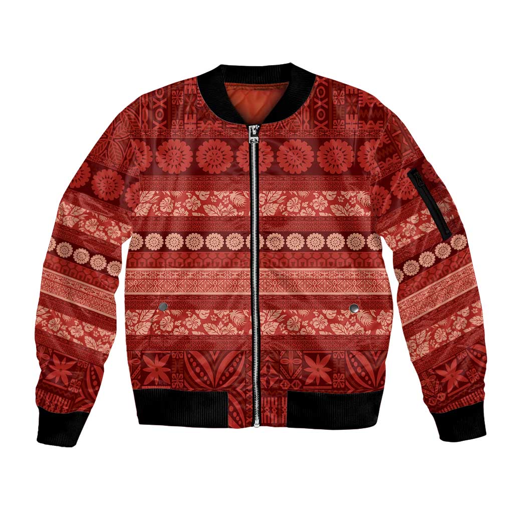 Fiji Marau na Kerisimasi Sleeve Zip Bomber Jacket Red Tapa Masi Inspired Christmas LT9 Unisex Red - Polynesian Pride
