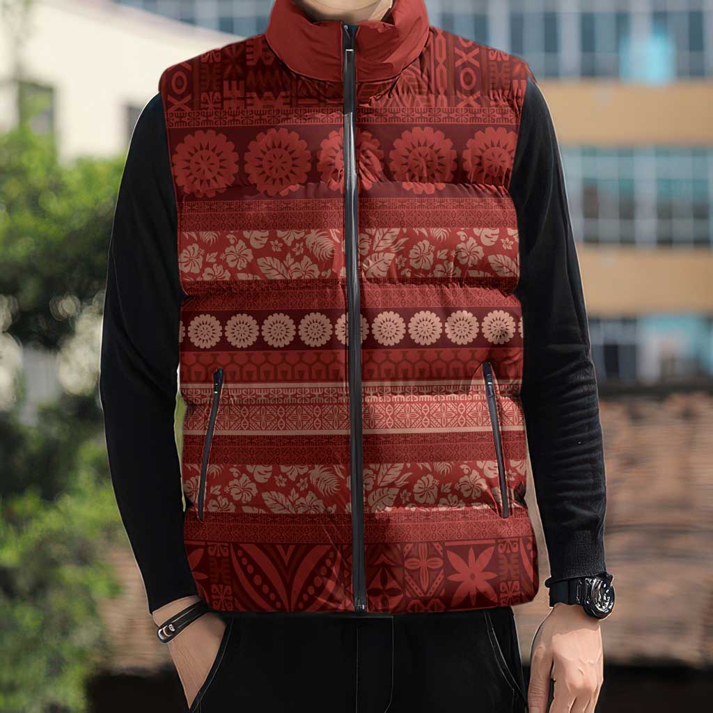 Fiji Marau na Kerisimasi Sleeveless Puffer Jacket Red Tapa Masi Inspired Christmas LT9 - Polynesian Pride