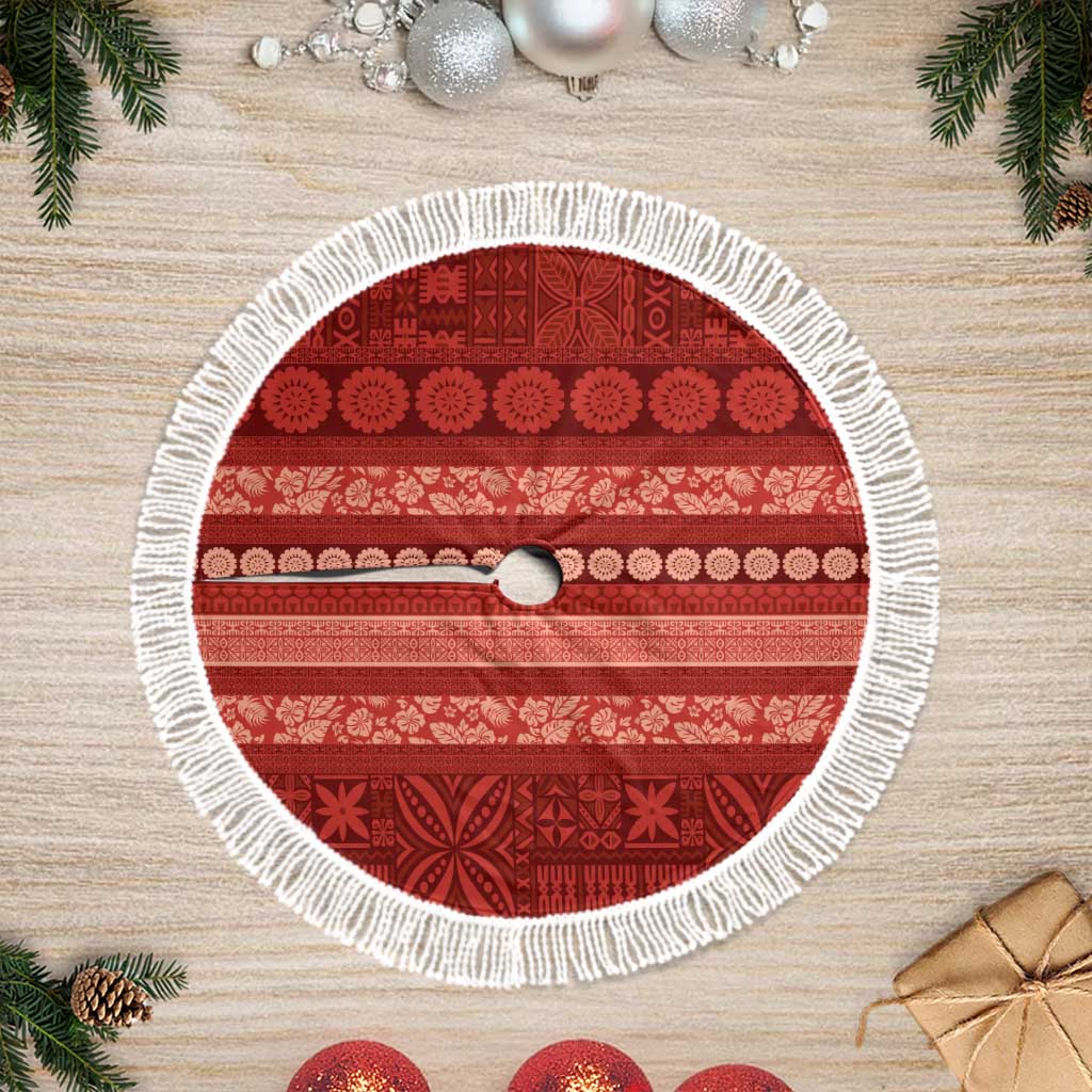 Fiji Marau na Kerisimasi Tree Skirt Red Tapa Masi Inspired Christmas LT9 Fringed Red - Polynesian Pride