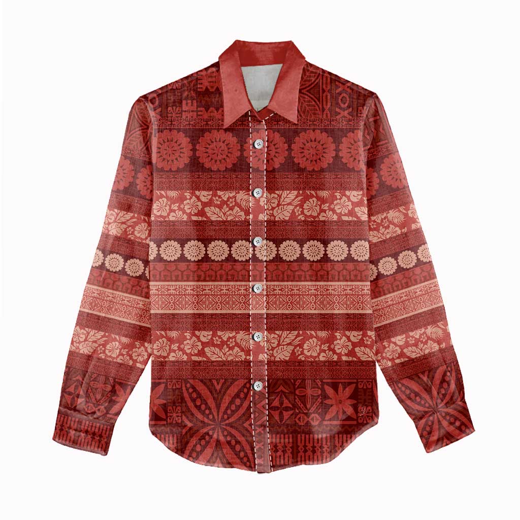 Fiji Marau na Kerisimasi Women Casual Shirt Red Tapa Masi Inspired Christmas - Polynesian Pride