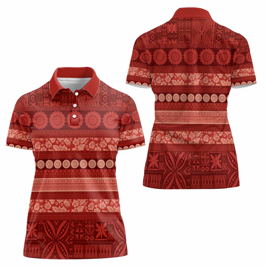 Fiji Marau na Kerisimasi Women Polo Shirt Red Tapa Masi Inspired Christmas - Polynesian Pride