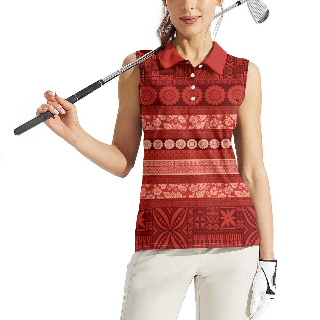 Fiji Marau na Kerisimasi Women Sleeveless Polo Shirt Red Tapa Masi Inspired Christmas - Polynesian Pride