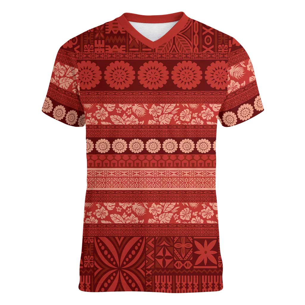 Fiji Marau na Kerisimasi Women V-Neck T-Shirt Red Tapa Masi Inspired Christmas LT9 Female Red - Polynesian Pride