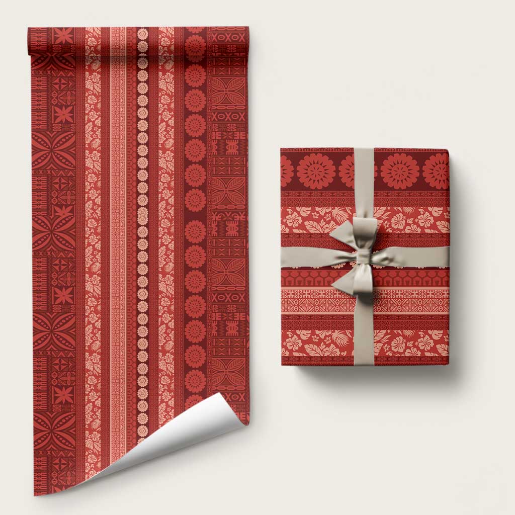 Fiji Marau na Kerisimasi Wrapping Paper Red Tapa Masi Inspired Christmas LT9 58" × 23" Red - Polynesian Pride