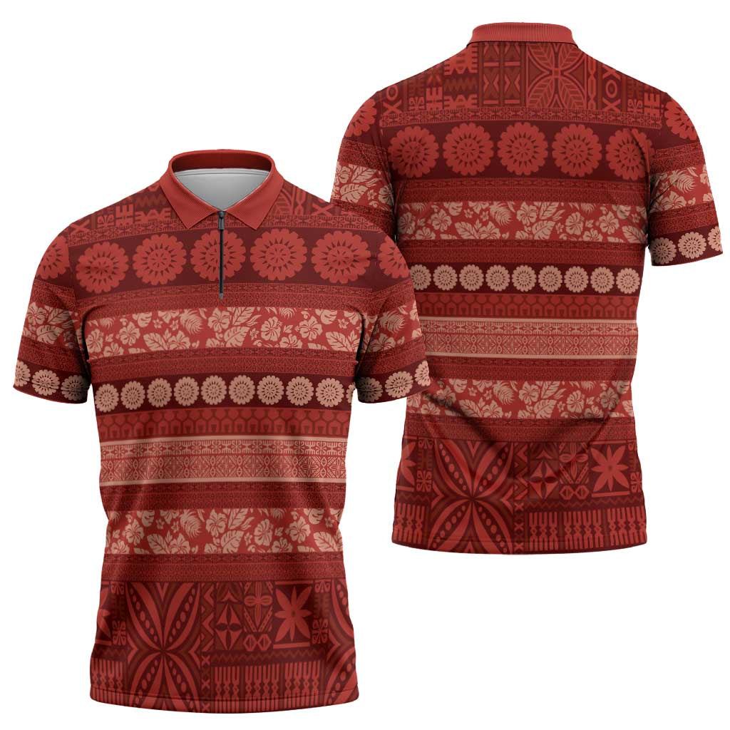 Fiji Marau na Kerisimasi Zipper Polo Shirt Red Tapa Masi Inspired Christmas LT9 - Polynesian Pride