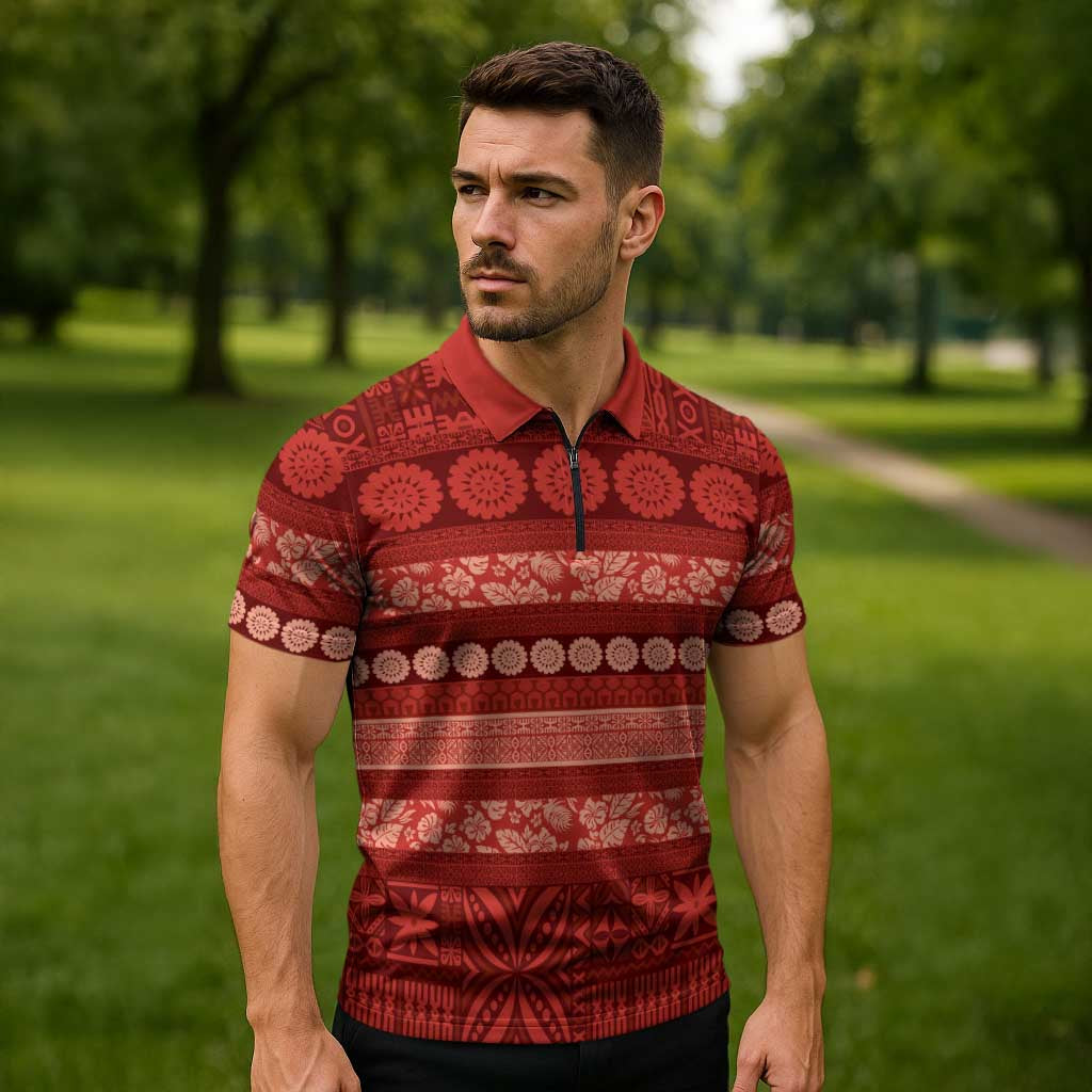 Fiji Marau na Kerisimasi Zipper Polo Shirt Red Tapa Masi Inspired Christmas LT9 - Polynesian Pride
