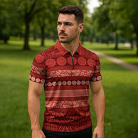 Fiji Marau na Kerisimasi Zipper Polo Shirt Red Tapa Masi Inspired Christmas LT9 - Polynesian Pride