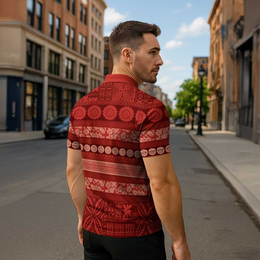 Fiji Marau na Kerisimasi Zipper Polo Shirt Red Tapa Masi Inspired Christmas LT9 - Polynesian Pride