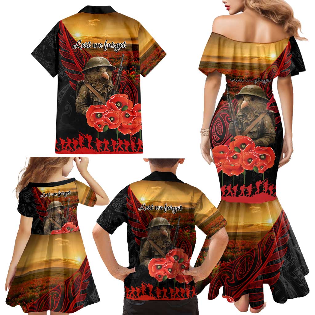 Maori Kiwi Soldier Fern Tattoo ANZAC Day Family Matching Mermaid Dress and Hawaiian Shirt Lest We Forget