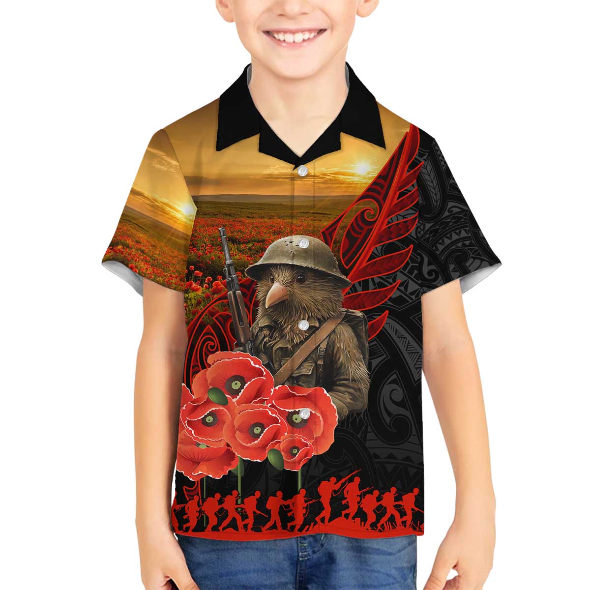 Maori Kiwi Soldier Fern Tattoo ANZAC Day Family Matching Off The Shoulder Long Sleeve Dress and Hawaiian Shirt Lest We Forget